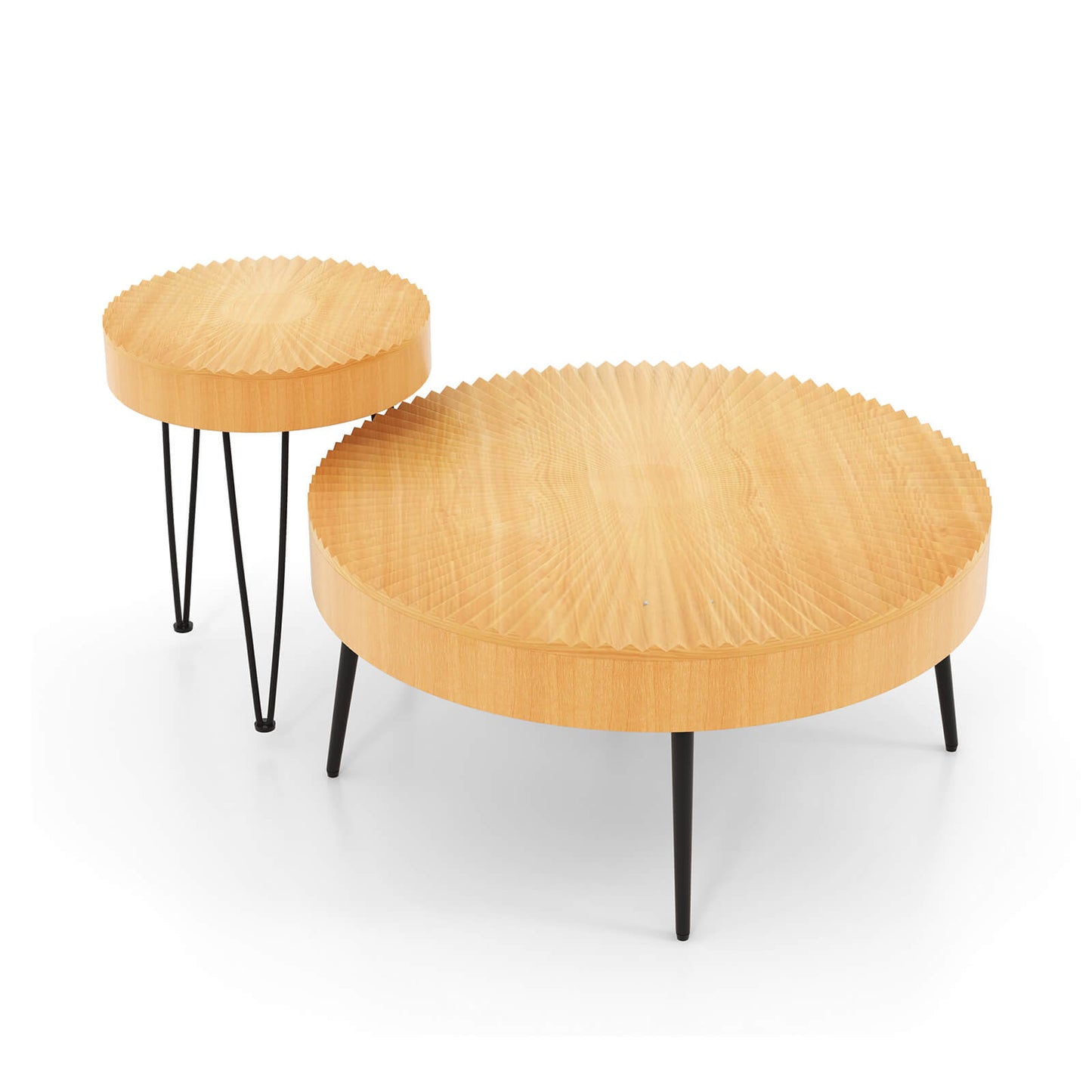Wooden Coffee Table Set of 2 with Radial Pattern Tops, Metal Legs and Adjustable Foot Pads