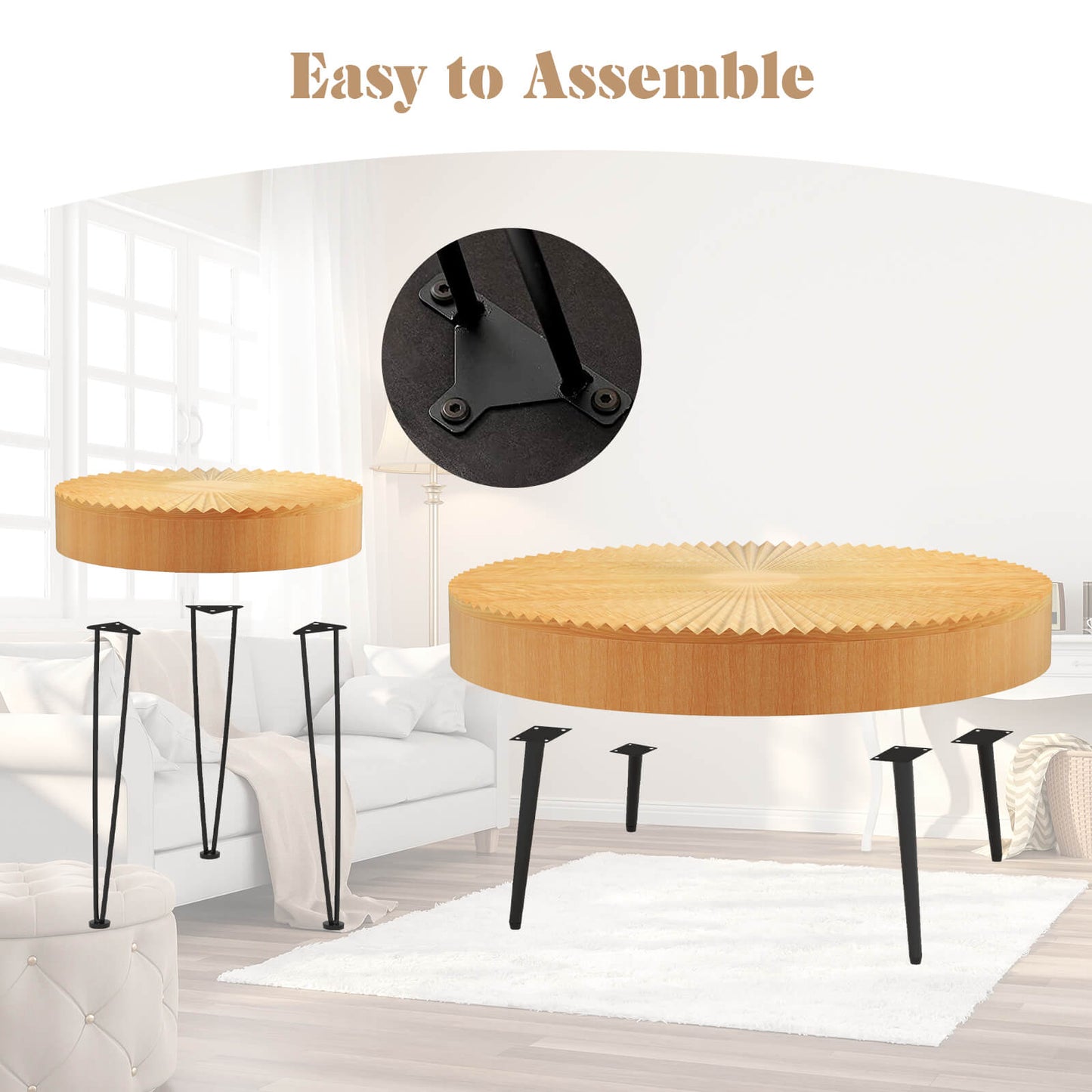 Wooden Coffee Table Set of 2 with Radial Pattern Tops, Metal Legs and Adjustable Foot Pads