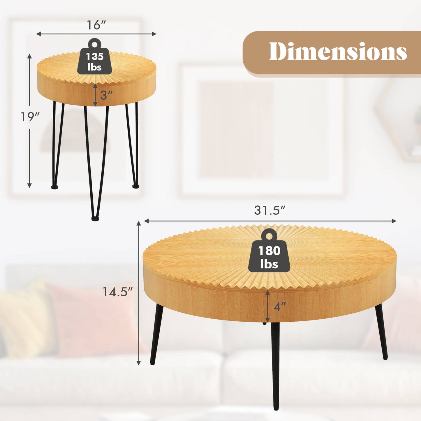 Wooden Coffee Table Set of 2 with Radial Pattern Tops, Metal Legs and Adjustable Foot Pads