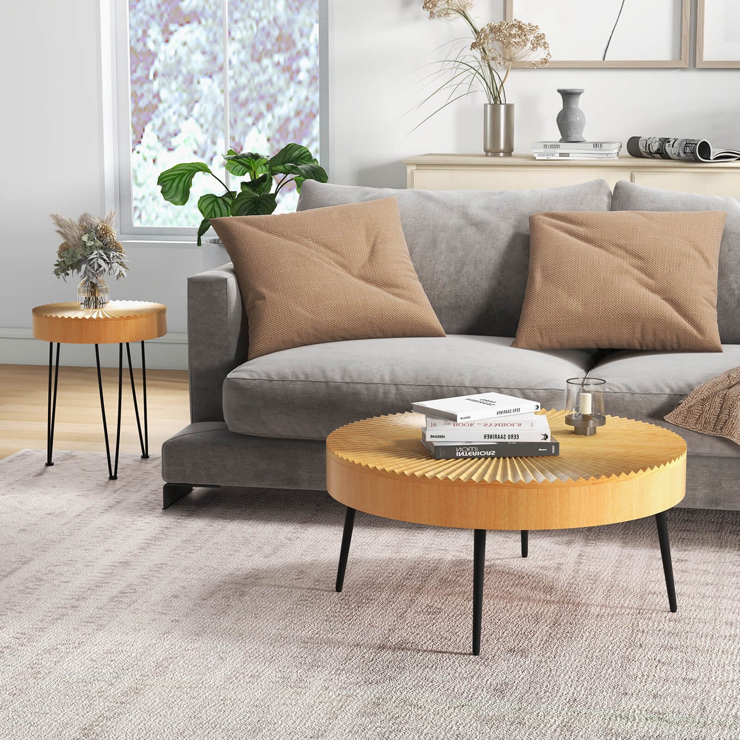 Wooden Coffee Table Set of 2 with Radial Pattern Tops, Metal Legs and Adjustable Foot Pads