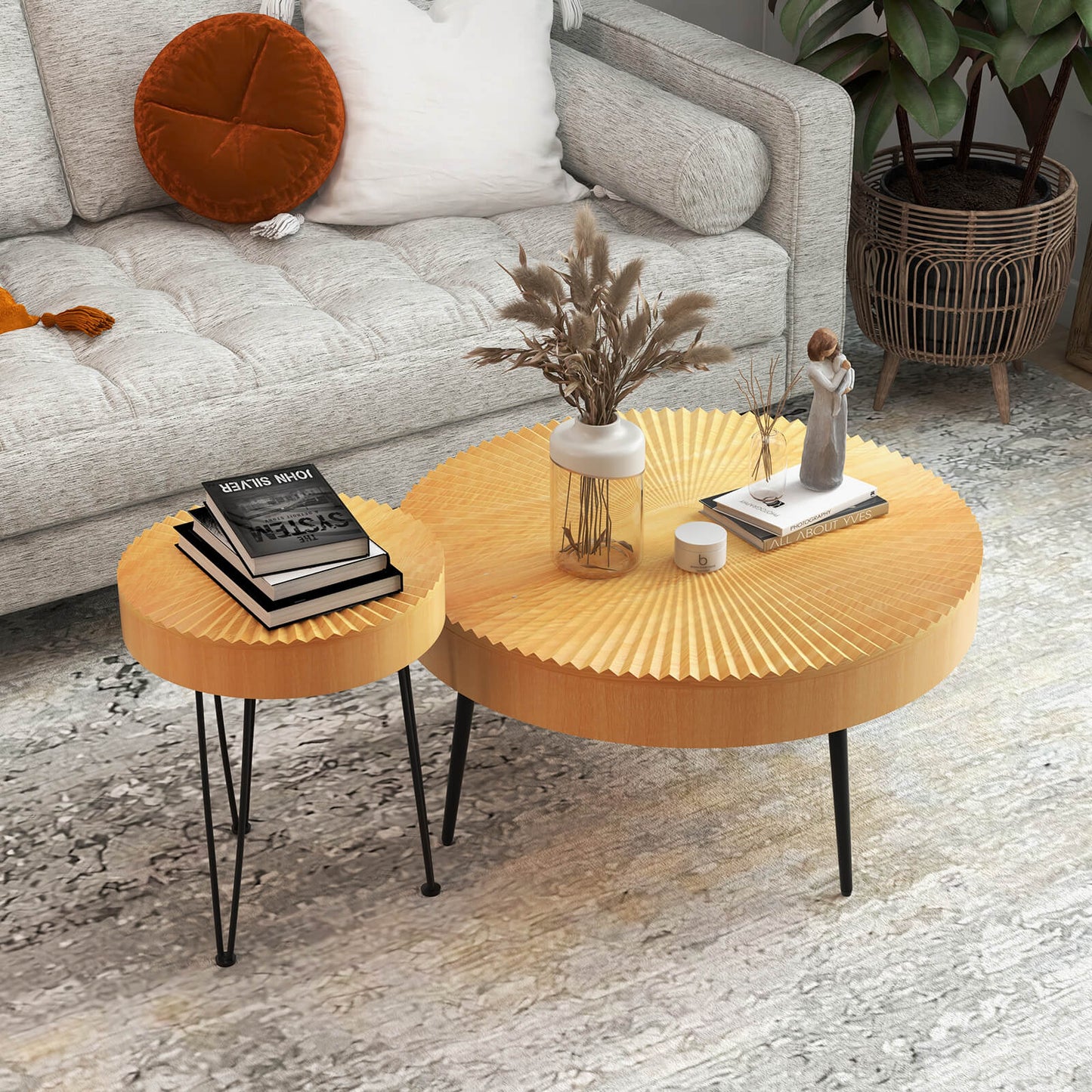 Wooden Coffee Table Set of 2 with Radial Pattern Tops, Metal Legs and Adjustable Foot Pads