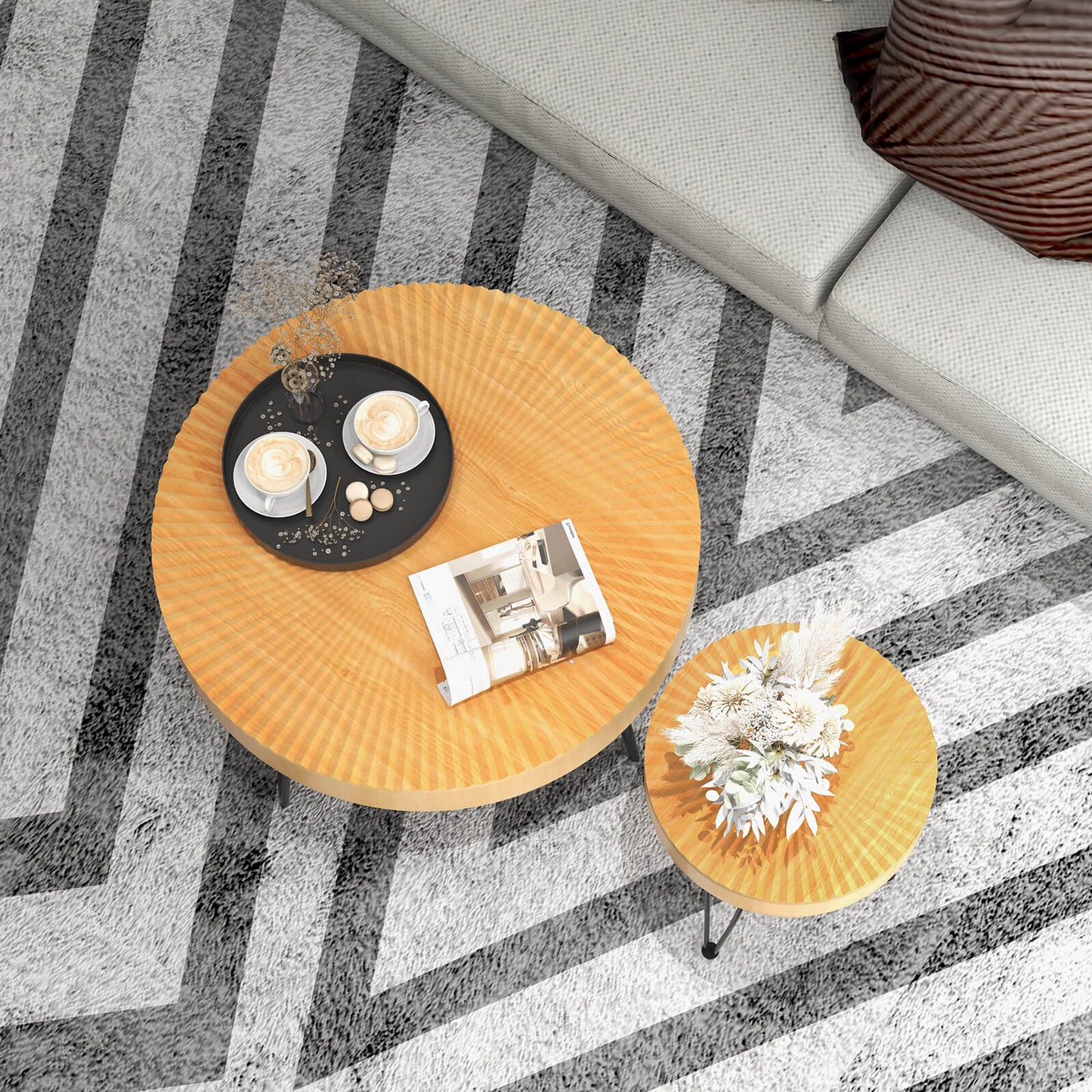 Wooden Coffee Table Set of 2 with Radial Pattern Tops, Metal Legs and Adjustable Foot Pads