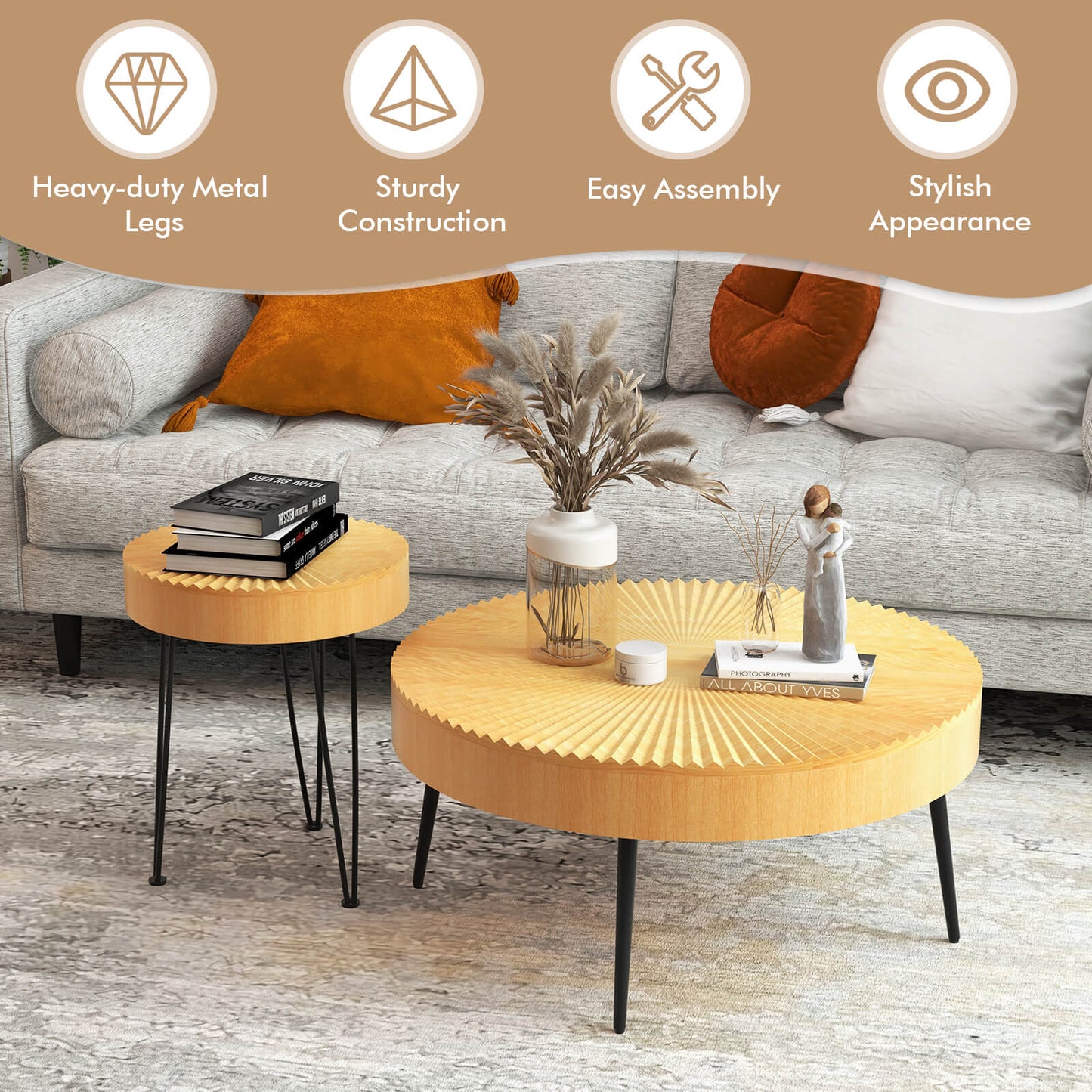 Wooden Coffee Table Set of 2 with Radial Pattern Tops, Metal Legs and Adjustable Foot Pads