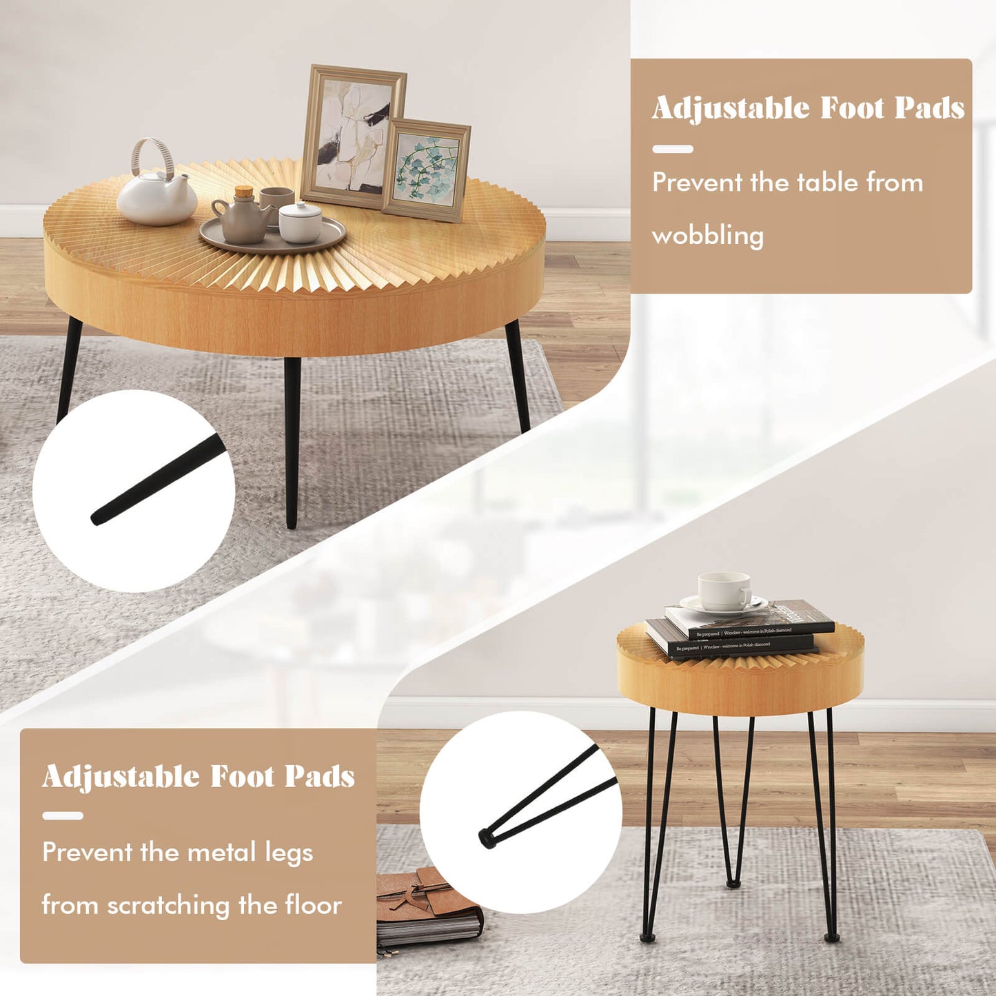 Wooden Coffee Table Set of 2 with Radial Pattern Tops, Metal Legs and Adjustable Foot Pads