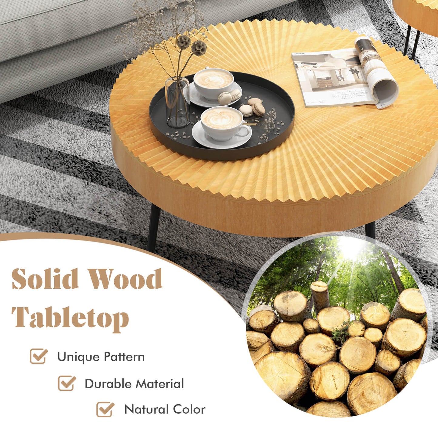 Wooden Coffee Table Set of 2 with Radial Pattern Tops, Metal Legs and Adjustable Foot Pads
