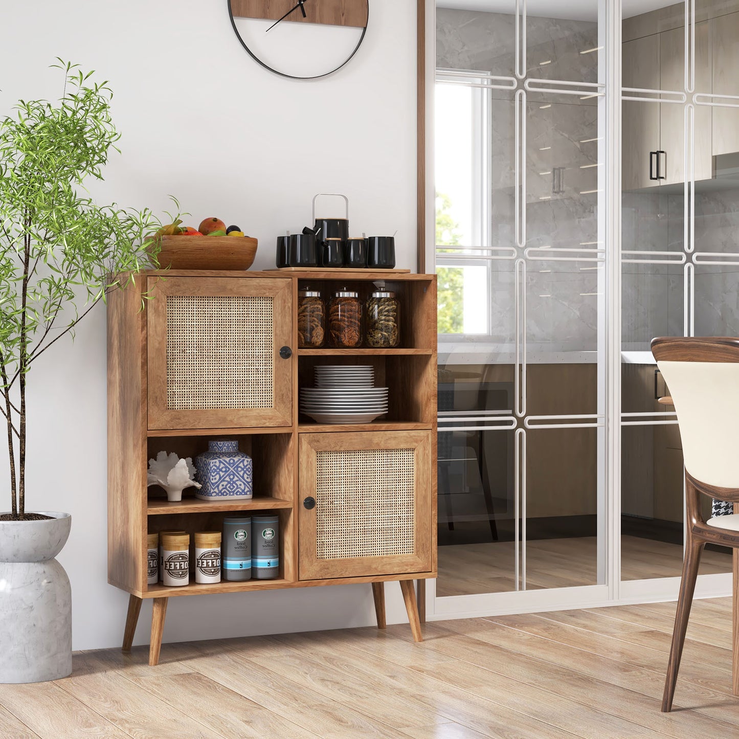 Boho Rattan Sideboard Cabinet with Double Doors and Open Storage Cubbies Natural Finish