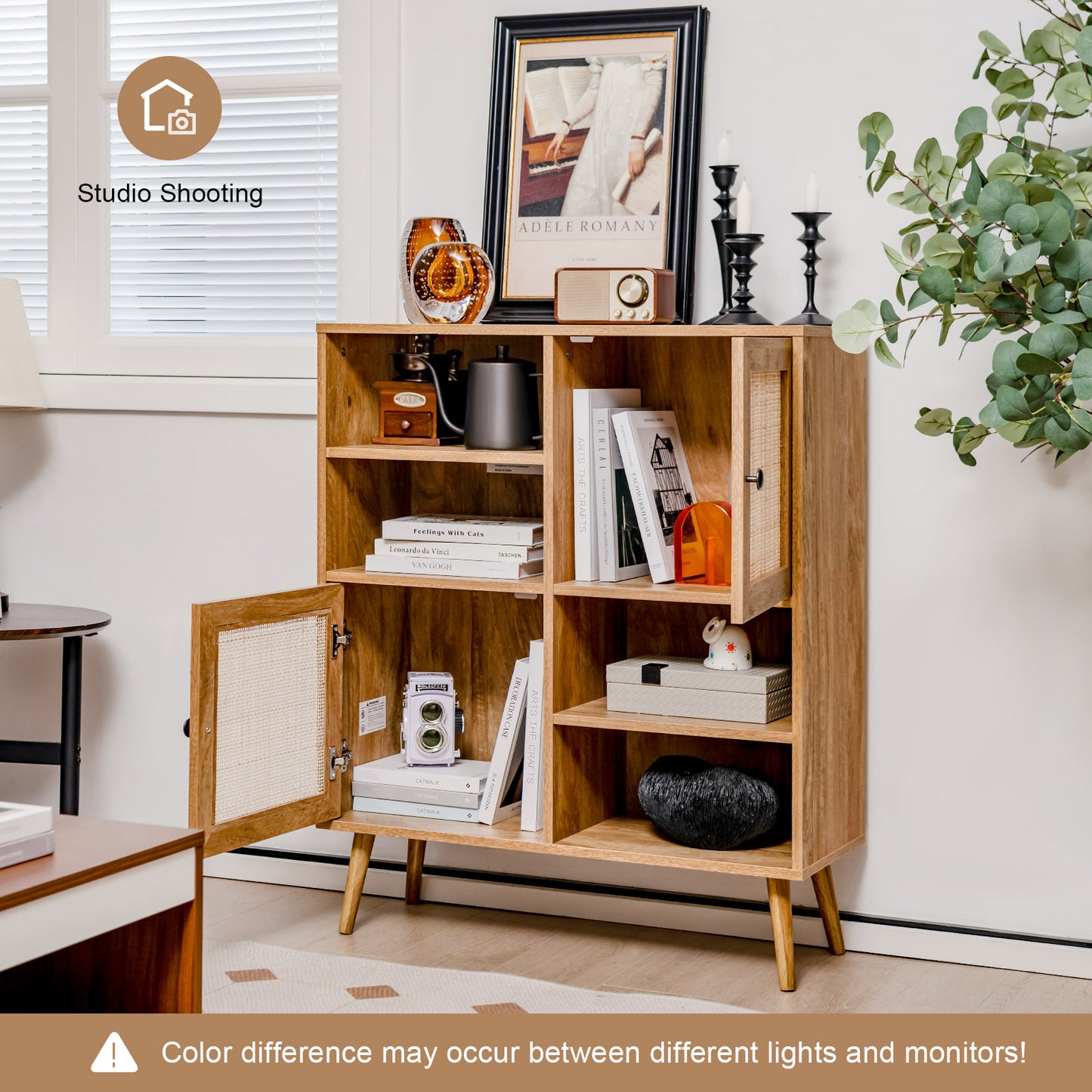 Boho Rattan Sideboard Cabinet with Double Doors and Open Storage Cubbies Natural Finish