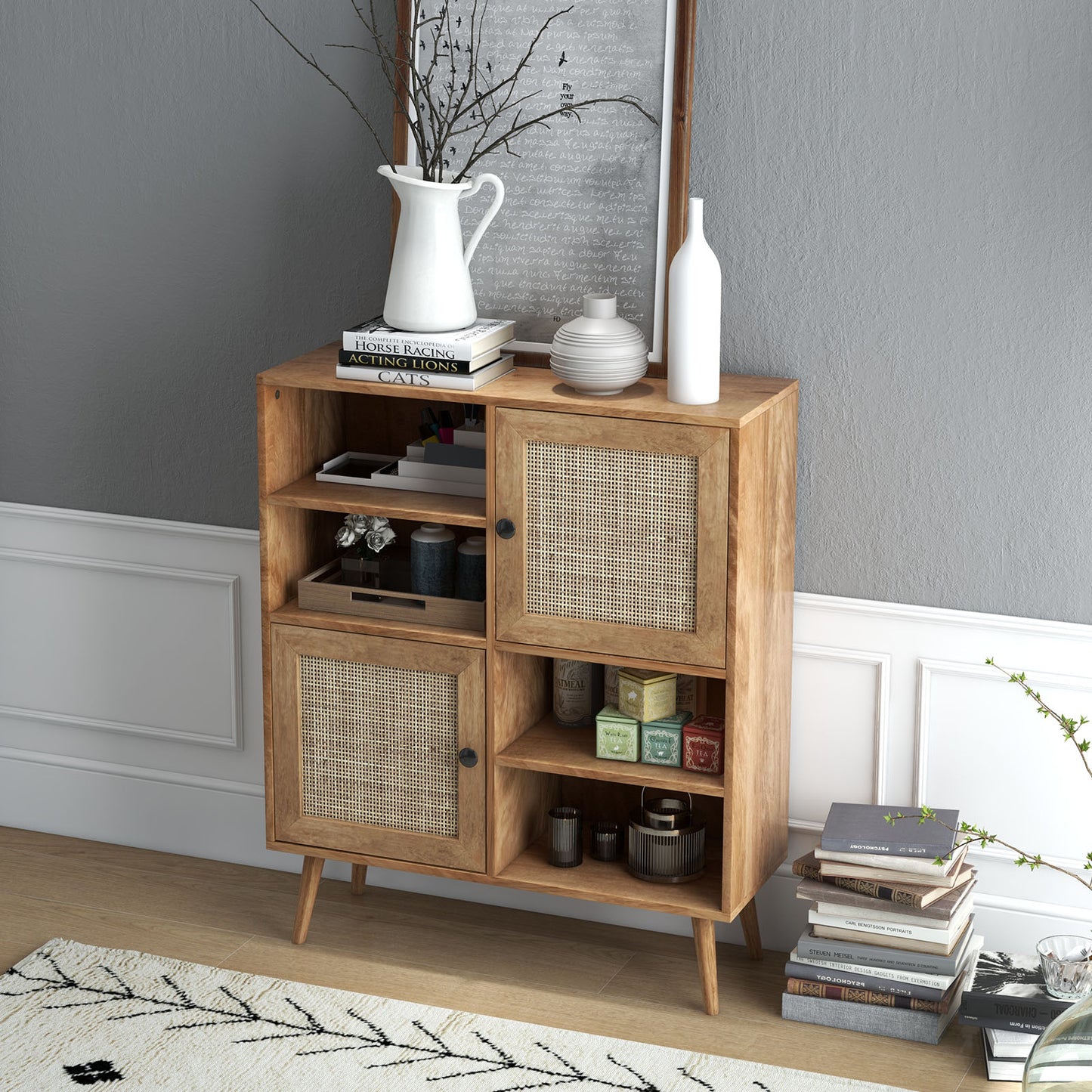 Boho Rattan Sideboard Cabinet with Double Doors and Open Storage Cubbies Natural Finish