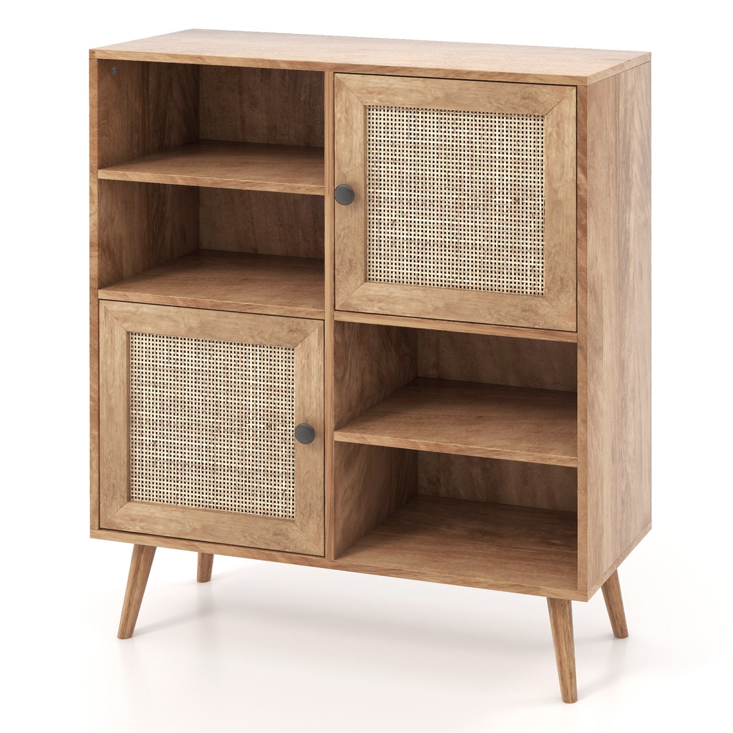 Boho Rattan Sideboard Cabinet with Double Doors and Open Storage Cubbies Natural Finish