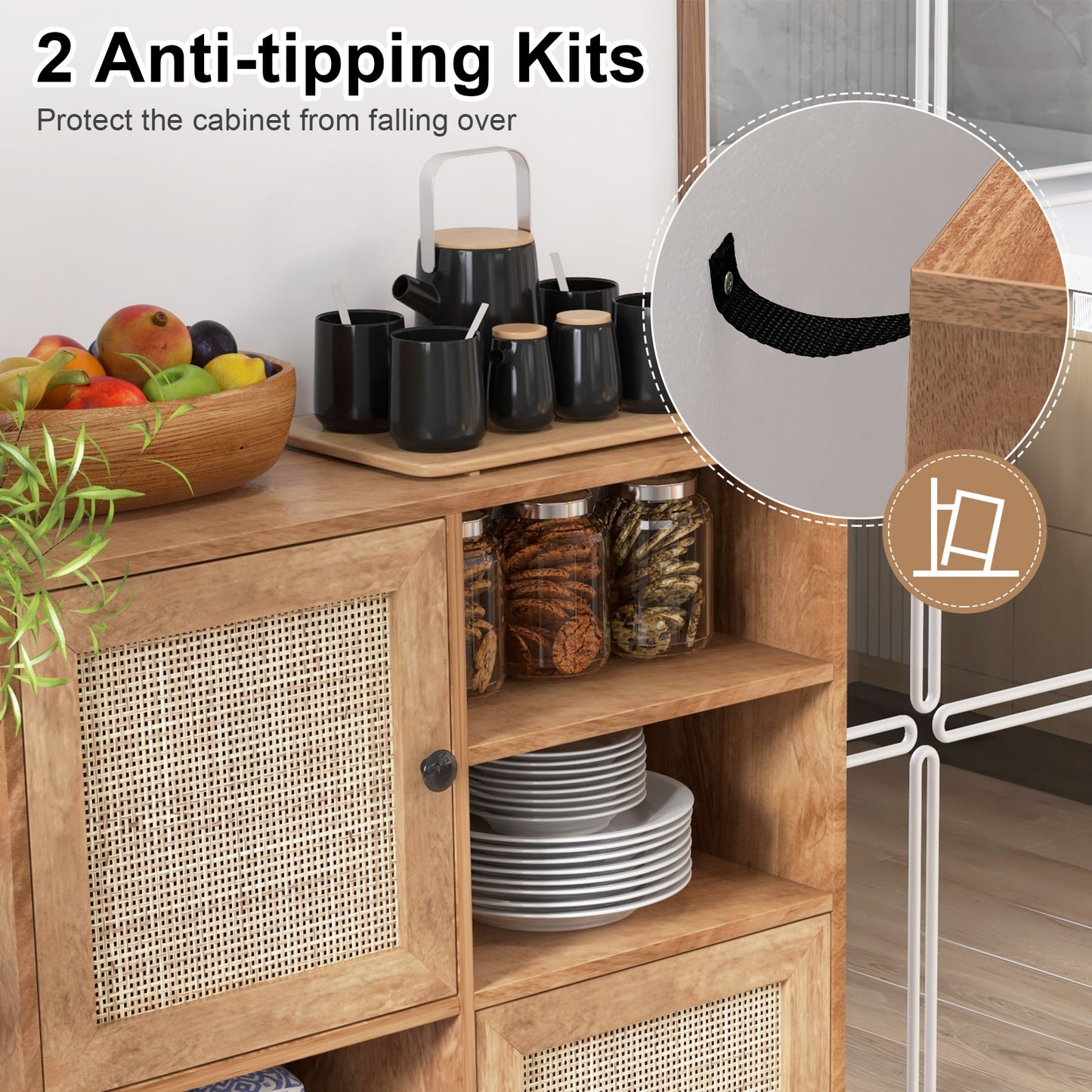 Boho Rattan Sideboard Cabinet with Double Doors and Open Storage Cubbies Natural Finish