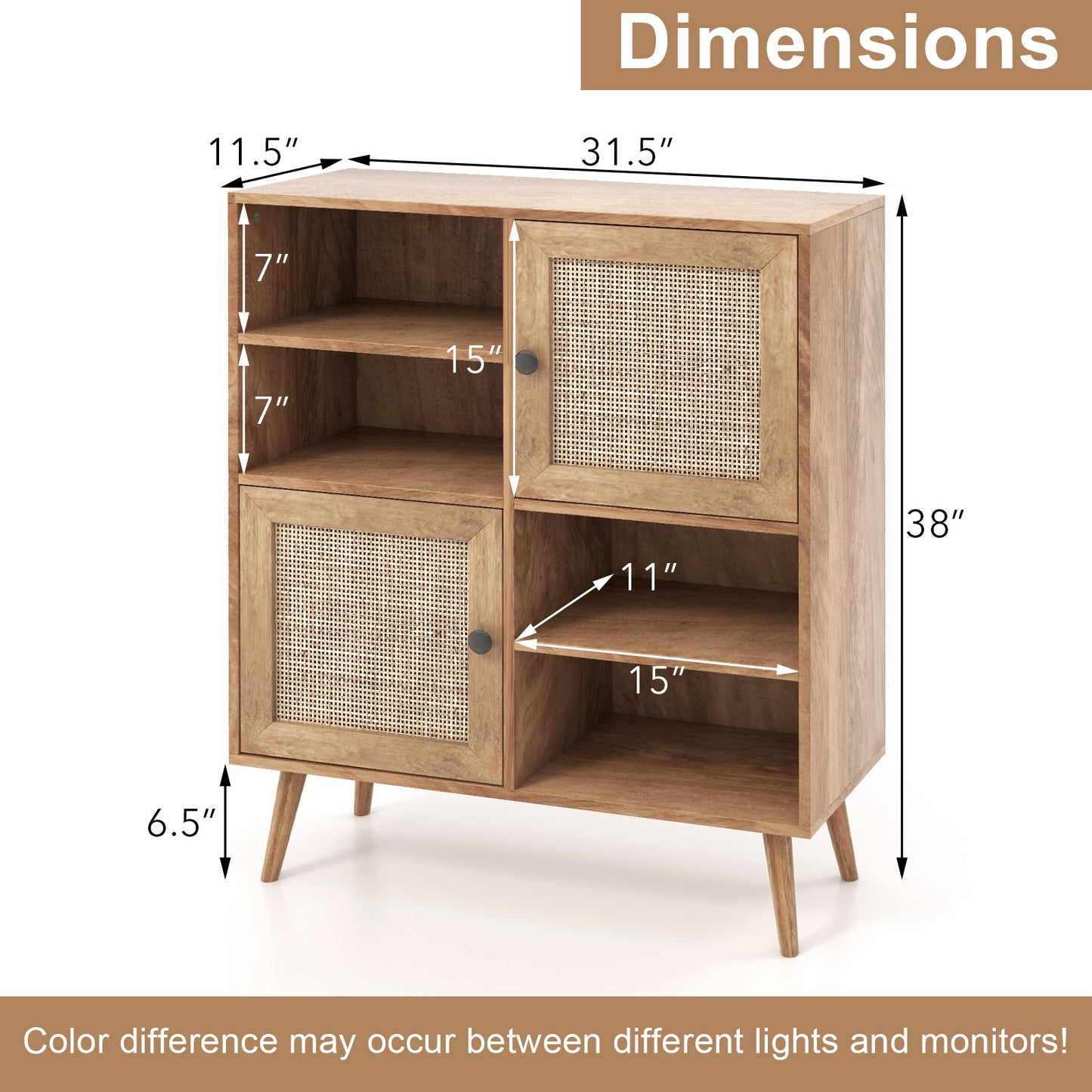 Boho Rattan Sideboard Cabinet with Double Doors and Open Storage Cubbies Natural Finish