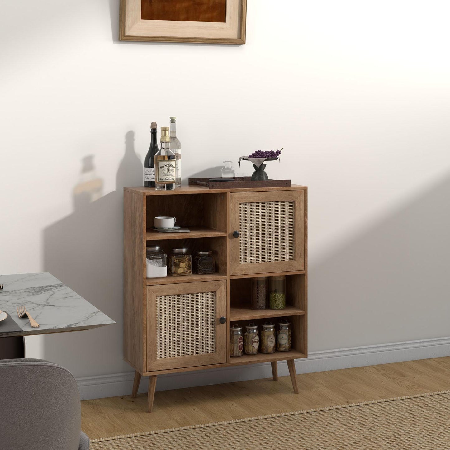 Boho Rattan Sideboard Cabinet with Double Doors and Open Storage Cubbies Natural Finish