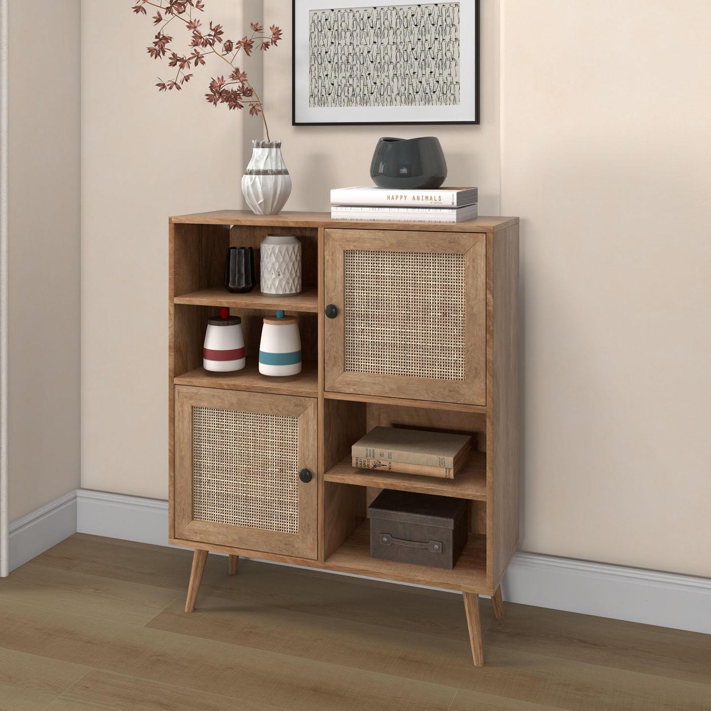 Boho Rattan Sideboard Cabinet with Double Doors and Open Storage Cubbies Natural Finish