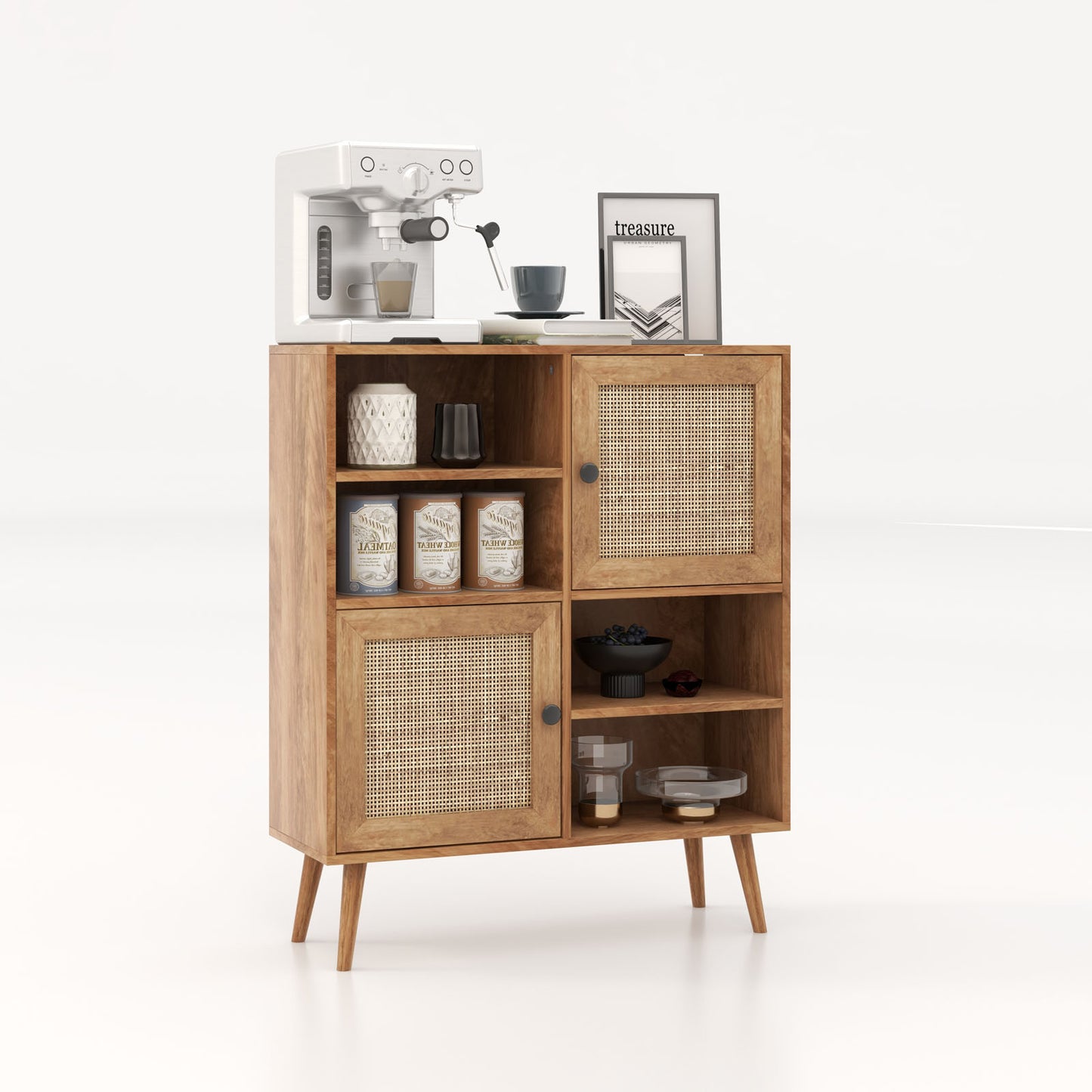 Boho Rattan Sideboard Cabinet with Double Doors and Open Storage Cubbies Natural Finish