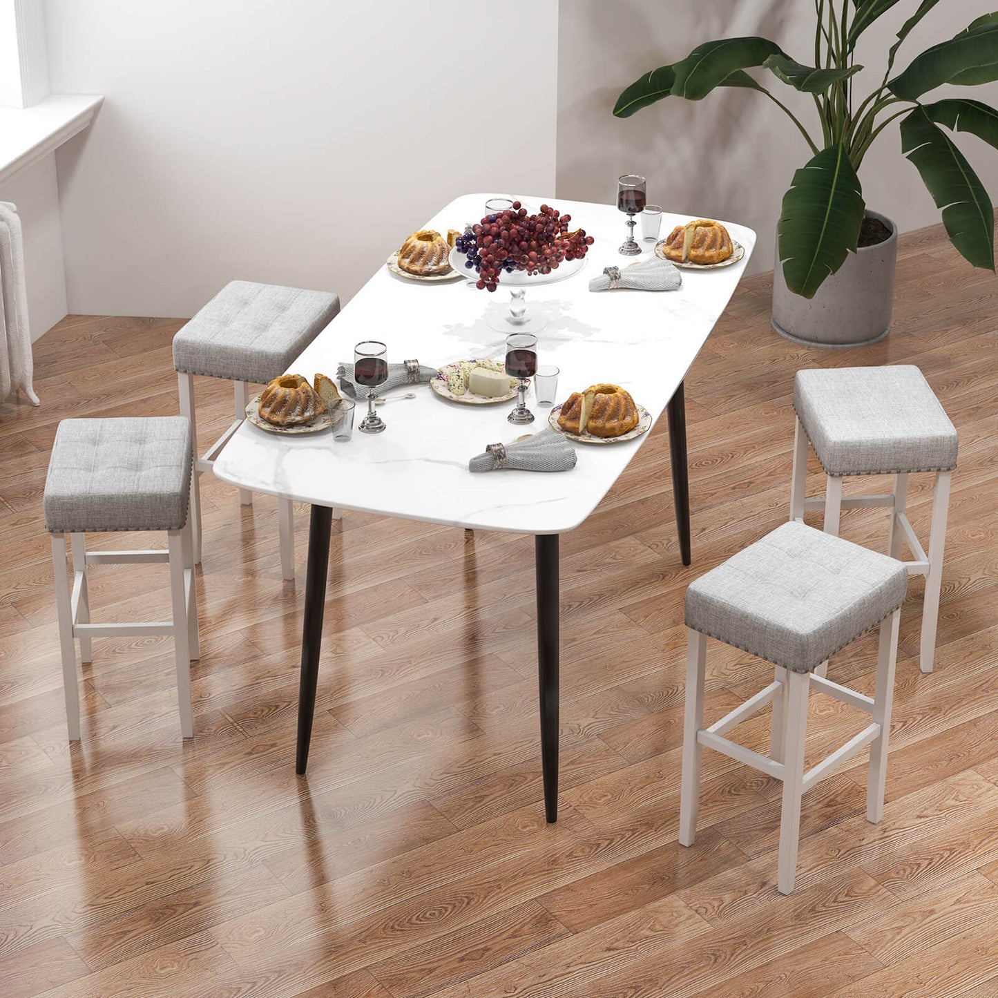Set of 2 Counter Height Bar Stools with Tufted Cushions and Linen Upholstery 29 Inch