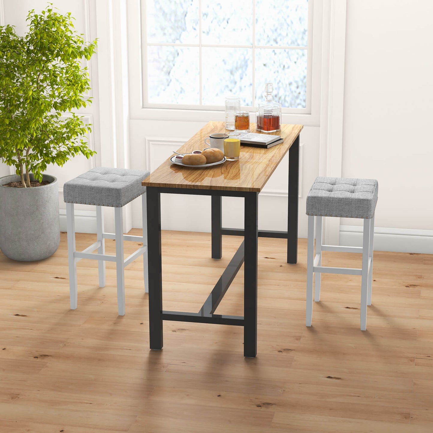 Set of 2 Counter Height Bar Stools with Tufted Cushions and Linen Upholstery 29 Inch