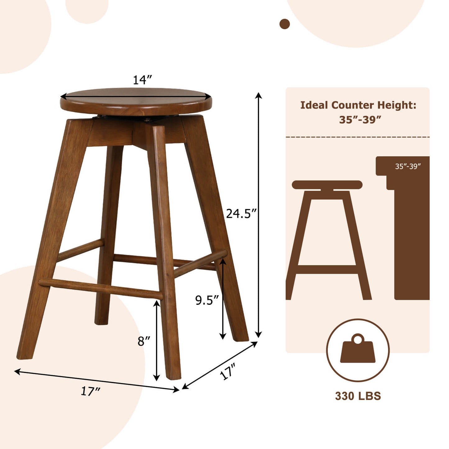 24.5 Inch Wooden Swivel Bar Stools Set of 2 with Backless Design and Footrest