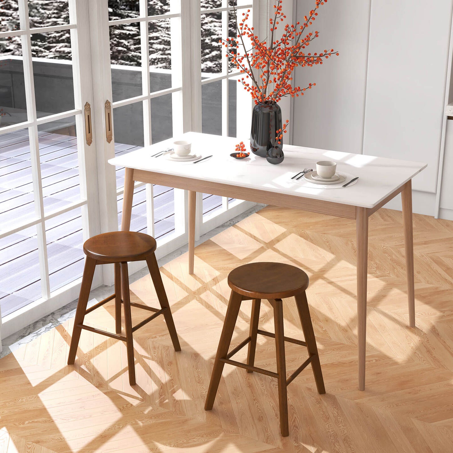 24.5 Inch Wooden Swivel Bar Stools Set of 2 with Backless Design and Footrest