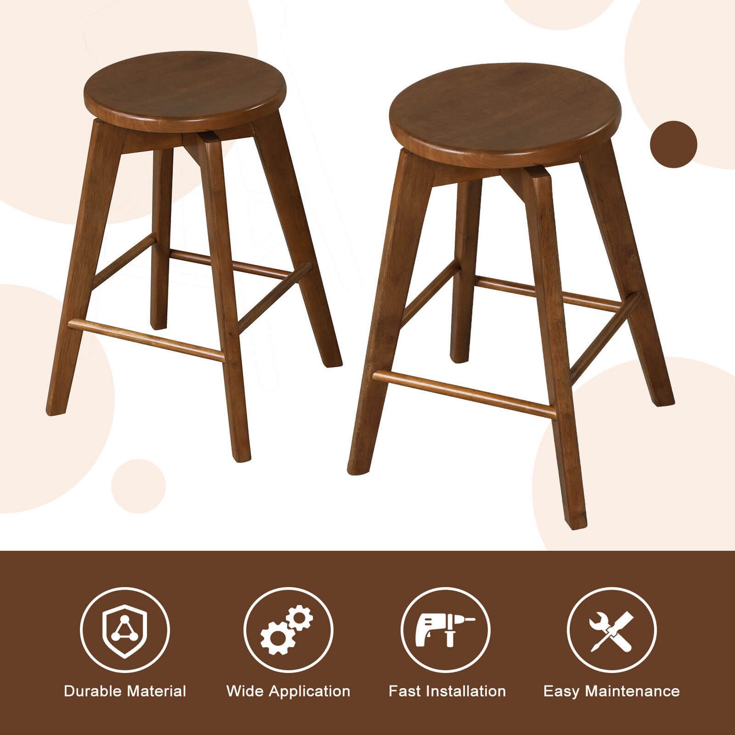 24.5 Inch Wooden Swivel Bar Stools Set of 2 with Backless Design and Footrest