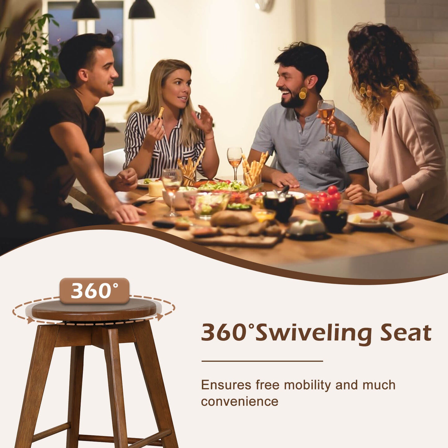 24.5 Inch Wooden Swivel Bar Stools Set of 2 with Backless Design and Footrest