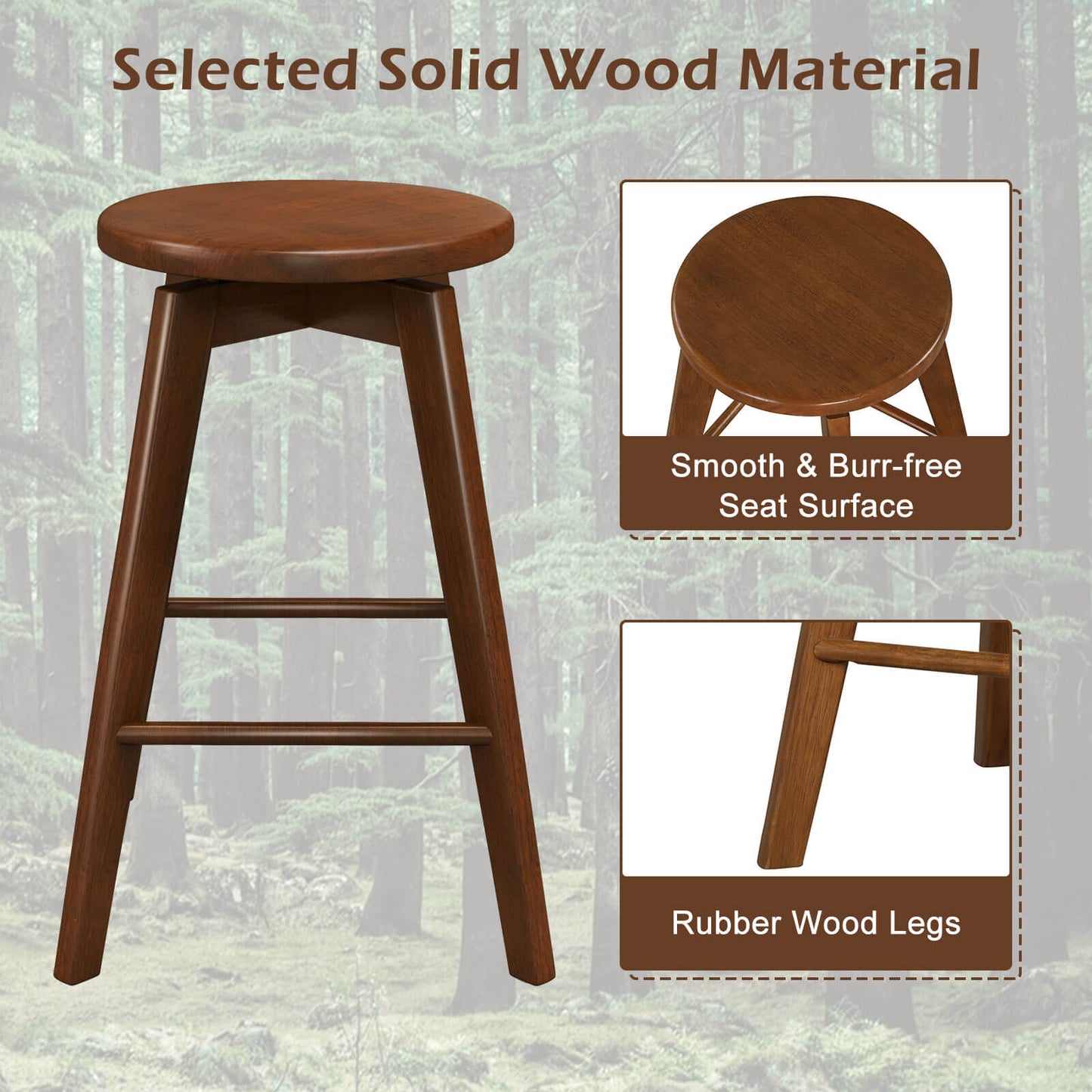 24.5 Inch Wooden Swivel Bar Stools Set of 2 with Backless Design and Footrest