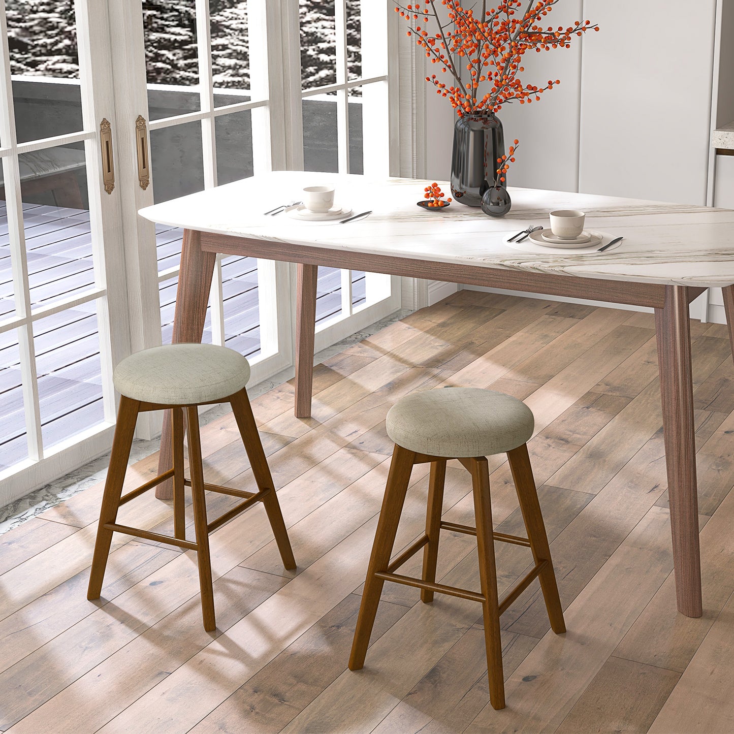 26 Inch Swivel Bar Stools Set of 2 with Backless Design and Linen Cushions