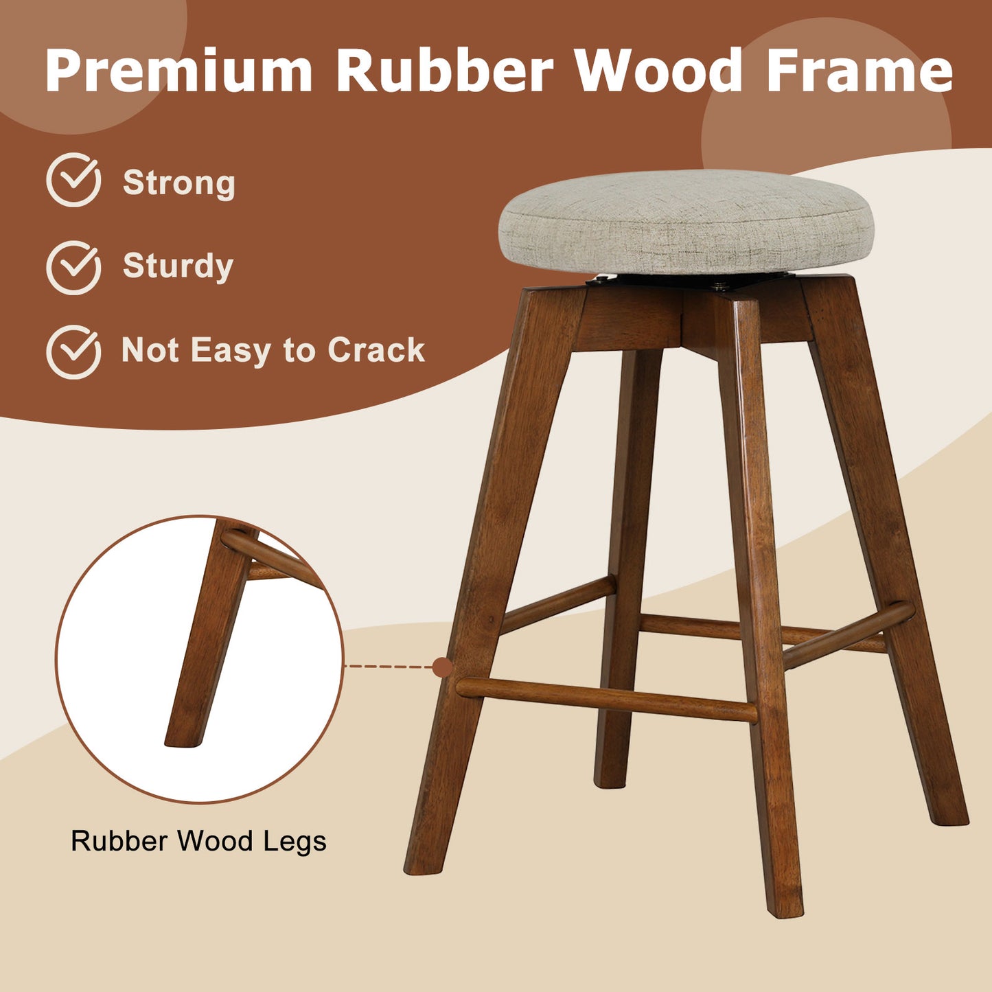 26 Inch Swivel Bar Stools Set of 2 with Backless Design and Linen Cushions