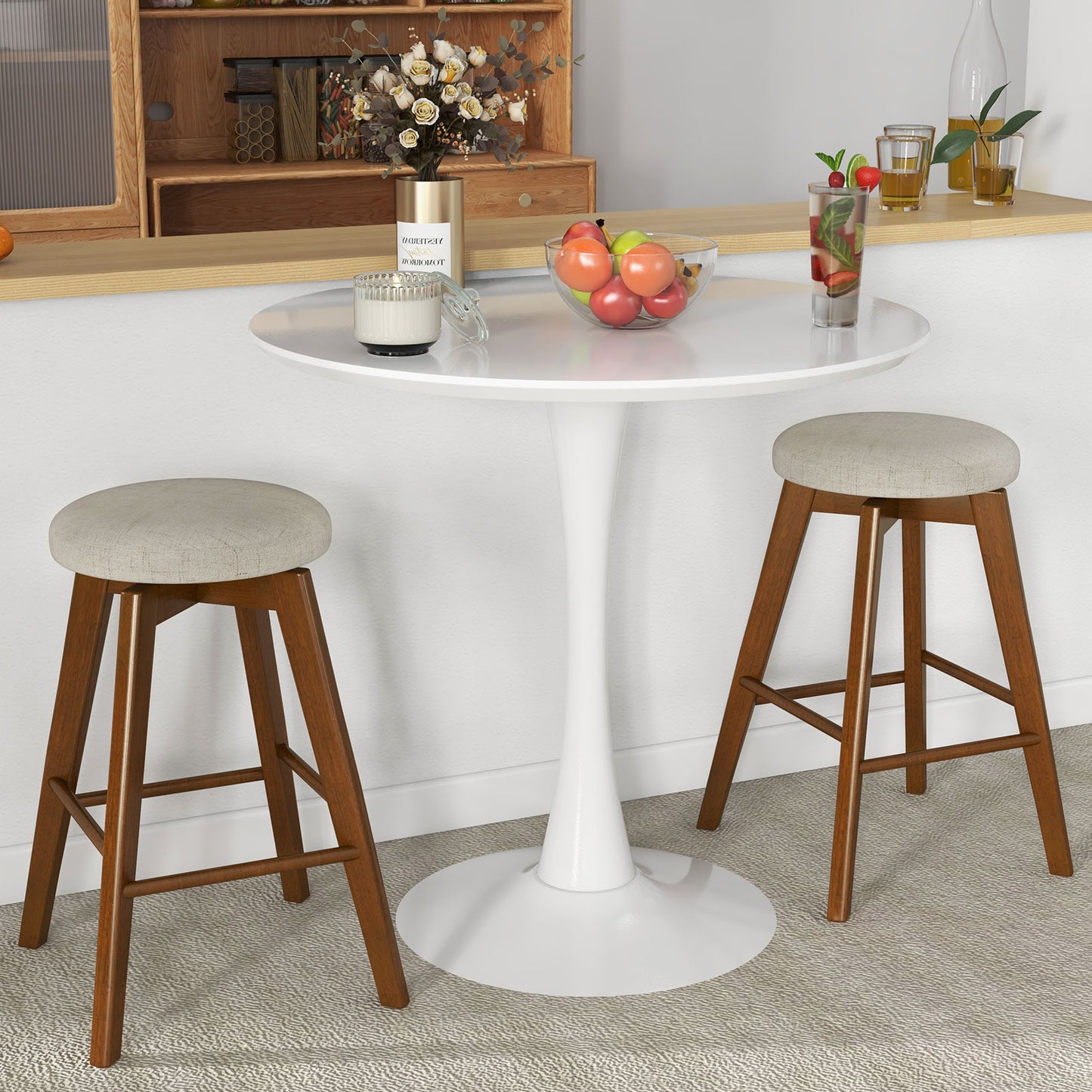 26 Inch Swivel Bar Stools Set of 2 with Backless Design and Linen Cushions