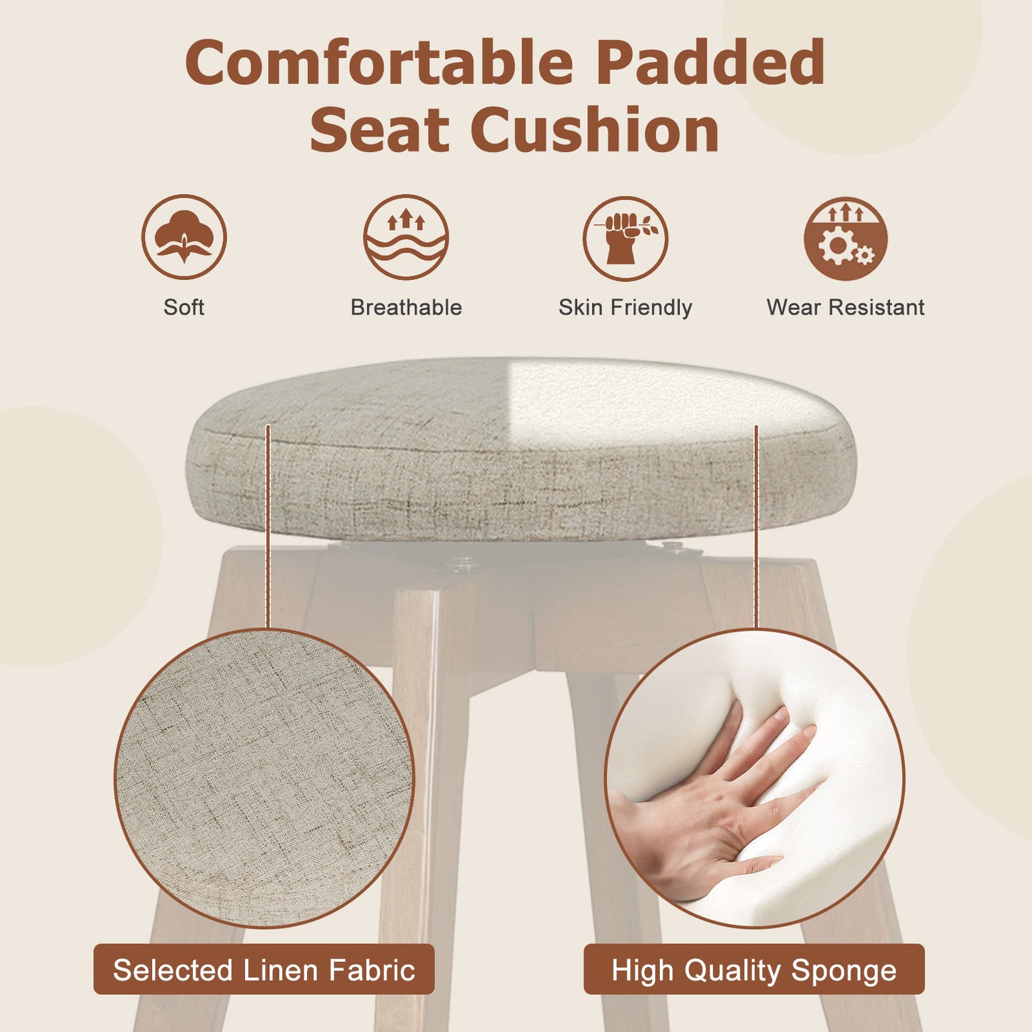 26 Inch Swivel Bar Stools Set of 2 with Backless Design and Linen Cushions