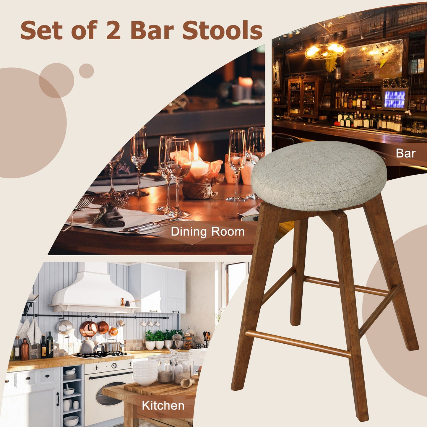 26 Inch Swivel Bar Stools Set of 2 with Backless Design and Linen Cushions