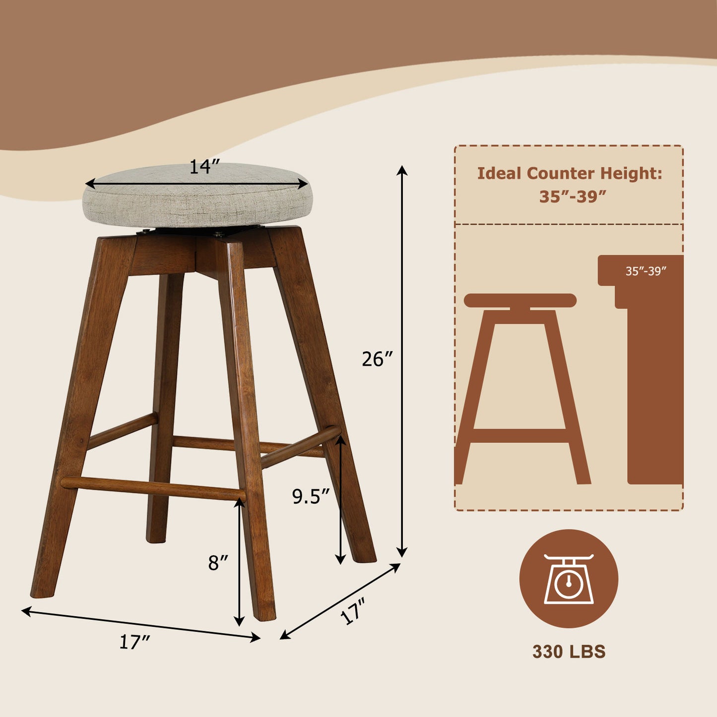 26 Inch Swivel Bar Stools Set of 2 with Backless Design and Linen Cushions