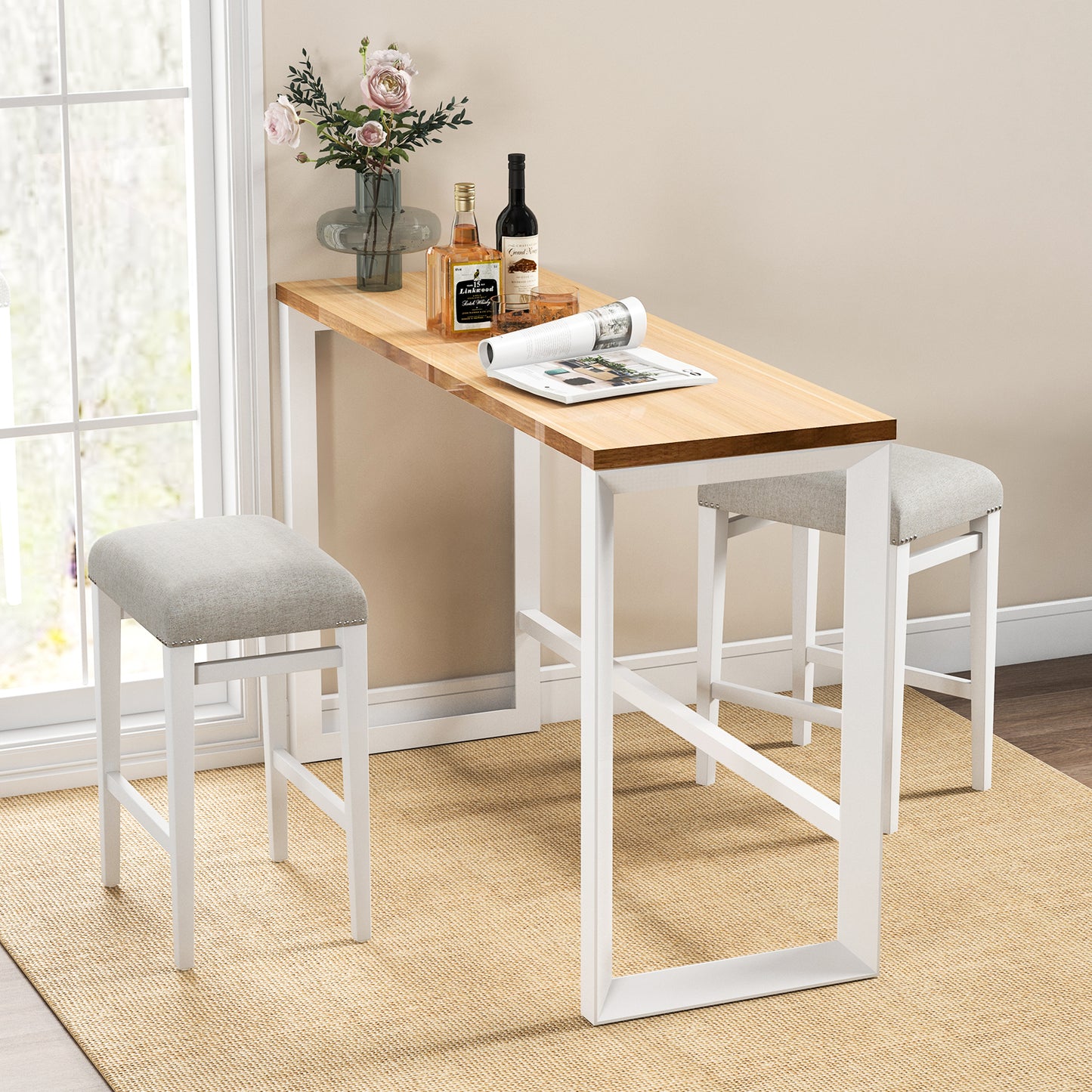Backless 24.5 Inch Bar Stools Set of 2 with Thick Padded Seats and Sturdy Wooden Legs