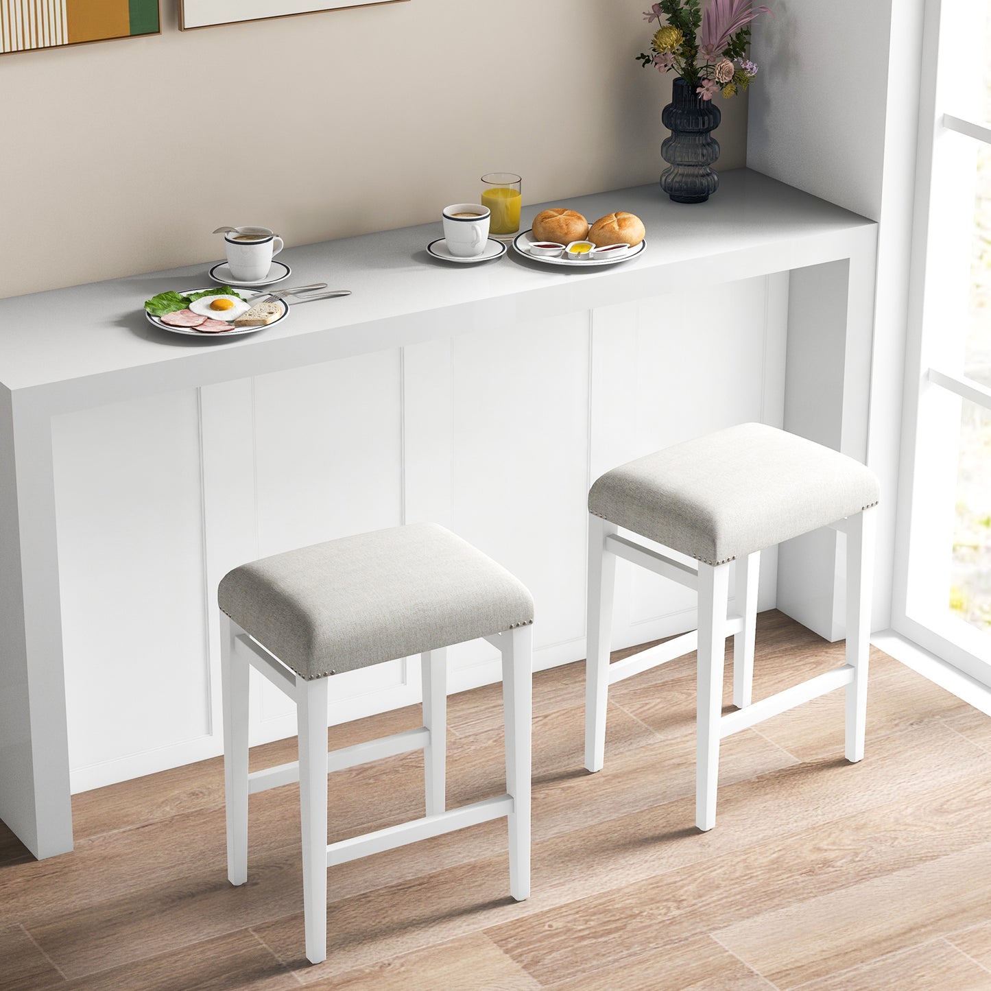 Backless 24.5 Inch Bar Stools Set of 2 with Thick Padded Seats and Sturdy Wooden Legs