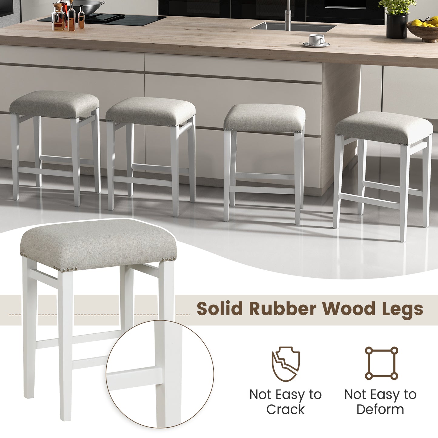 Backless 24.5 Inch Bar Stools Set of 2 with Thick Padded Seats and Sturdy Wooden Legs