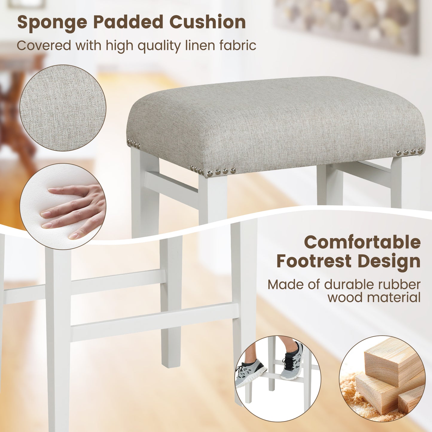 Backless 24.5 Inch Bar Stools Set of 2 with Thick Padded Seats and Sturdy Wooden Legs