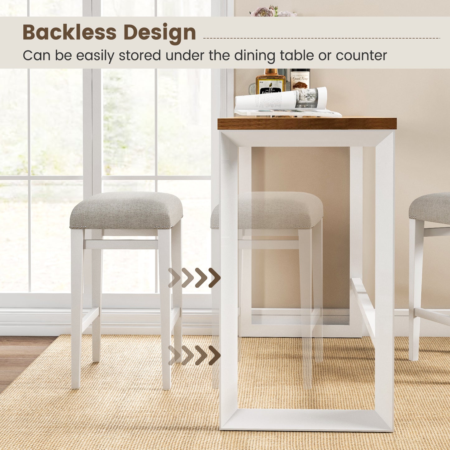 Backless 24.5 Inch Bar Stools Set of 2 with Thick Padded Seats and Sturdy Wooden Legs