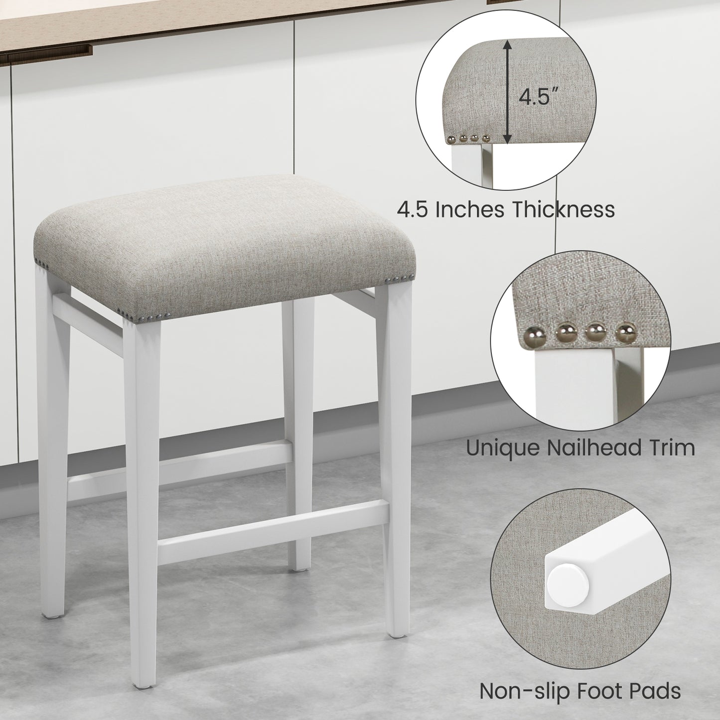 Backless 24.5 Inch Bar Stools Set of 2 with Thick Padded Seats and Sturdy Wooden Legs