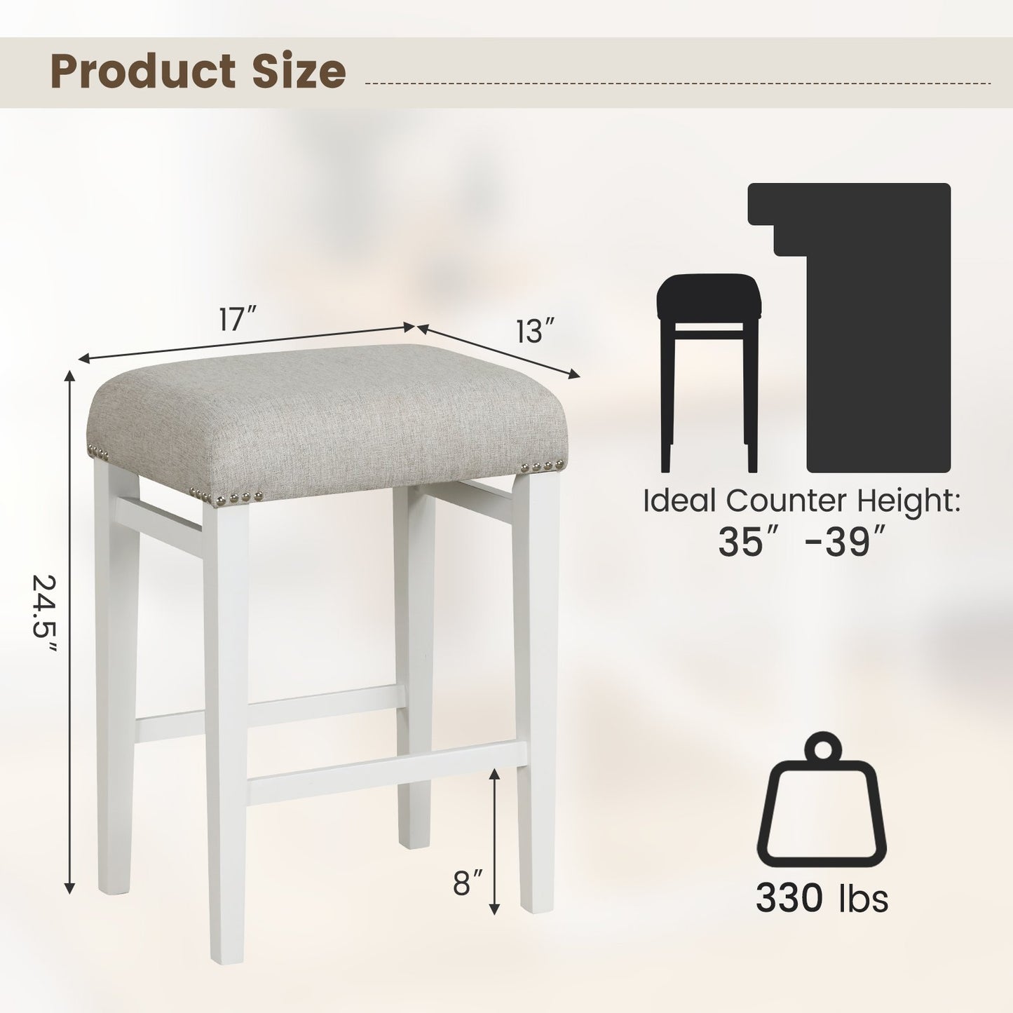 Backless 24.5 Inch Bar Stools Set of 2 with Thick Padded Seats and Sturdy Wooden Legs