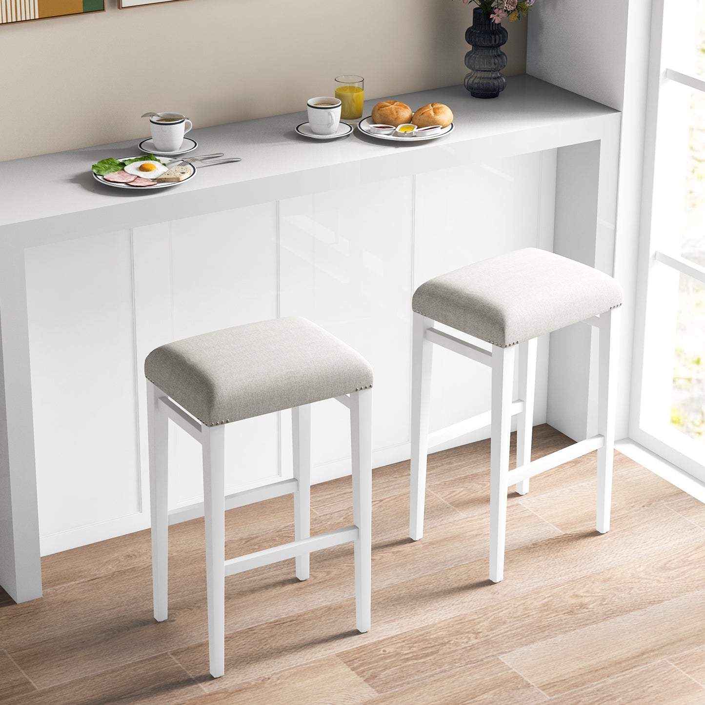 Backless 29.5 Inch Bar Stools Set of 2 with Thick Padded Seats and Sturdy Wooden Legs