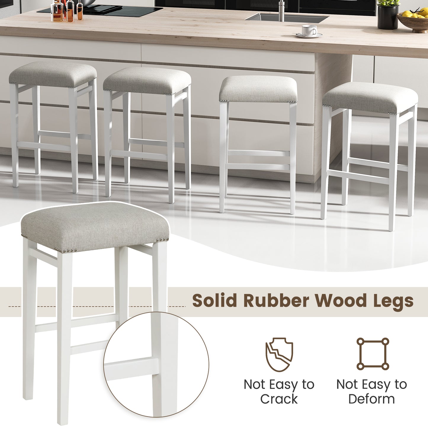 Backless 29.5 Inch Bar Stools Set of 2 with Thick Padded Seats and Sturdy Wooden Legs