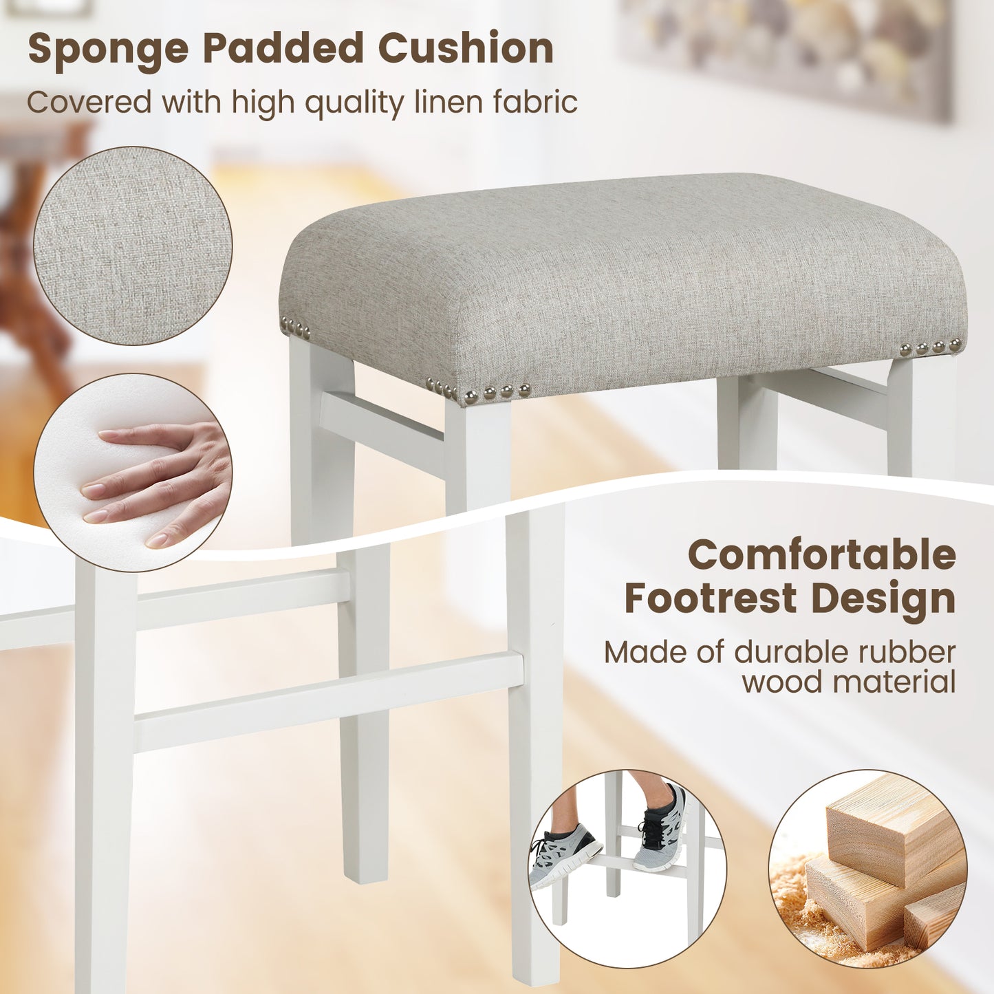 Backless 29.5 Inch Bar Stools Set of 2 with Thick Padded Seats and Sturdy Wooden Legs