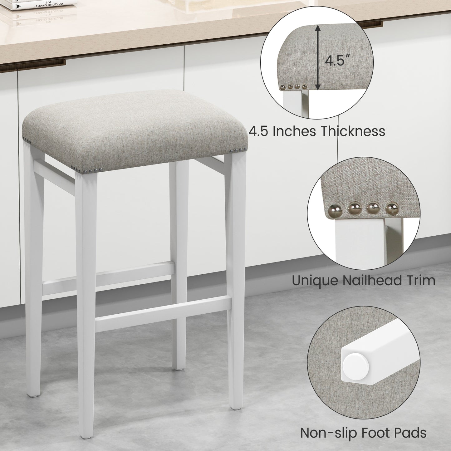 Backless 29.5 Inch Bar Stools Set of 2 with Thick Padded Seats and Sturdy Wooden Legs