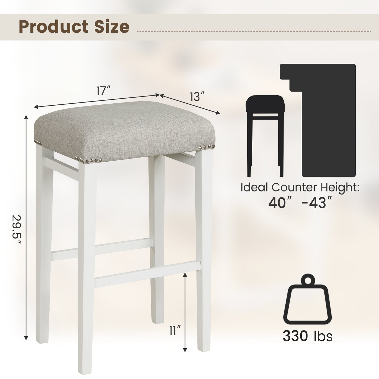 Backless 29.5 Inch Bar Stools Set of 2 with Thick Padded Seats and Sturdy Wooden Legs