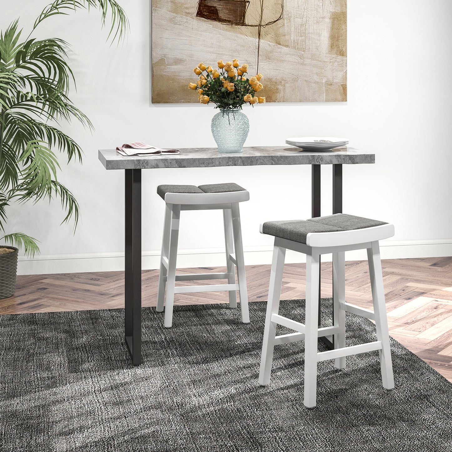 Set of 2 26 Inch Counter Height Saddle Bar Stools with Soft Padded Seats and Backless Design