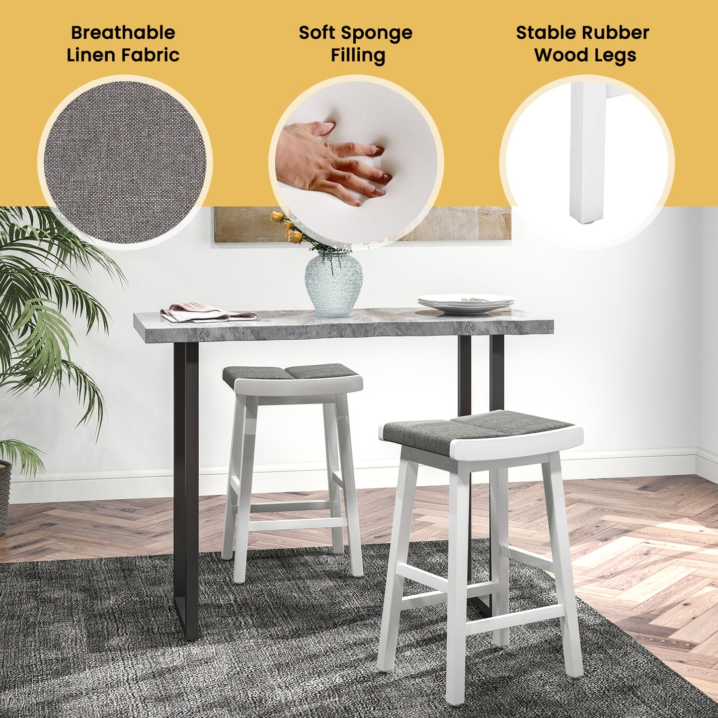 Set of 2 26 Inch Counter Height Saddle Bar Stools with Soft Padded Seats and Backless Design