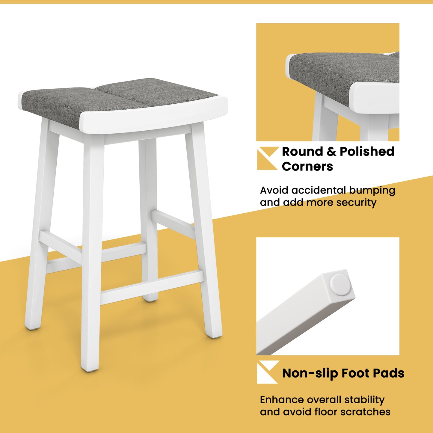 Set of 2 26 Inch Counter Height Saddle Bar Stools with Soft Padded Seats and Backless Design
