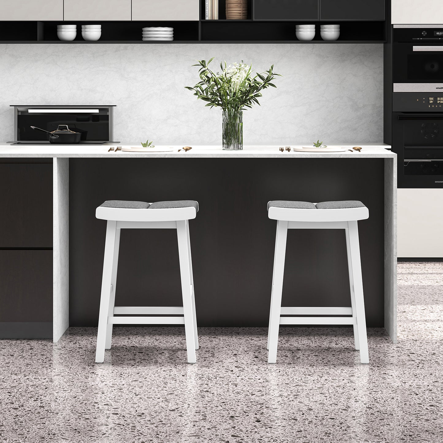 Set of 2 26 Inch Counter Height Saddle Bar Stools with Soft Padded Seats and Backless Design
