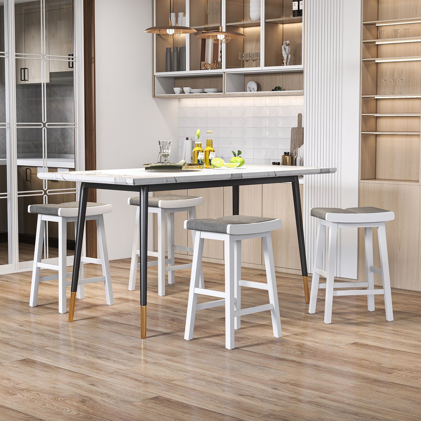 Set of 2 26 Inch Counter Height Saddle Bar Stools with Soft Padded Seats and Backless Design
