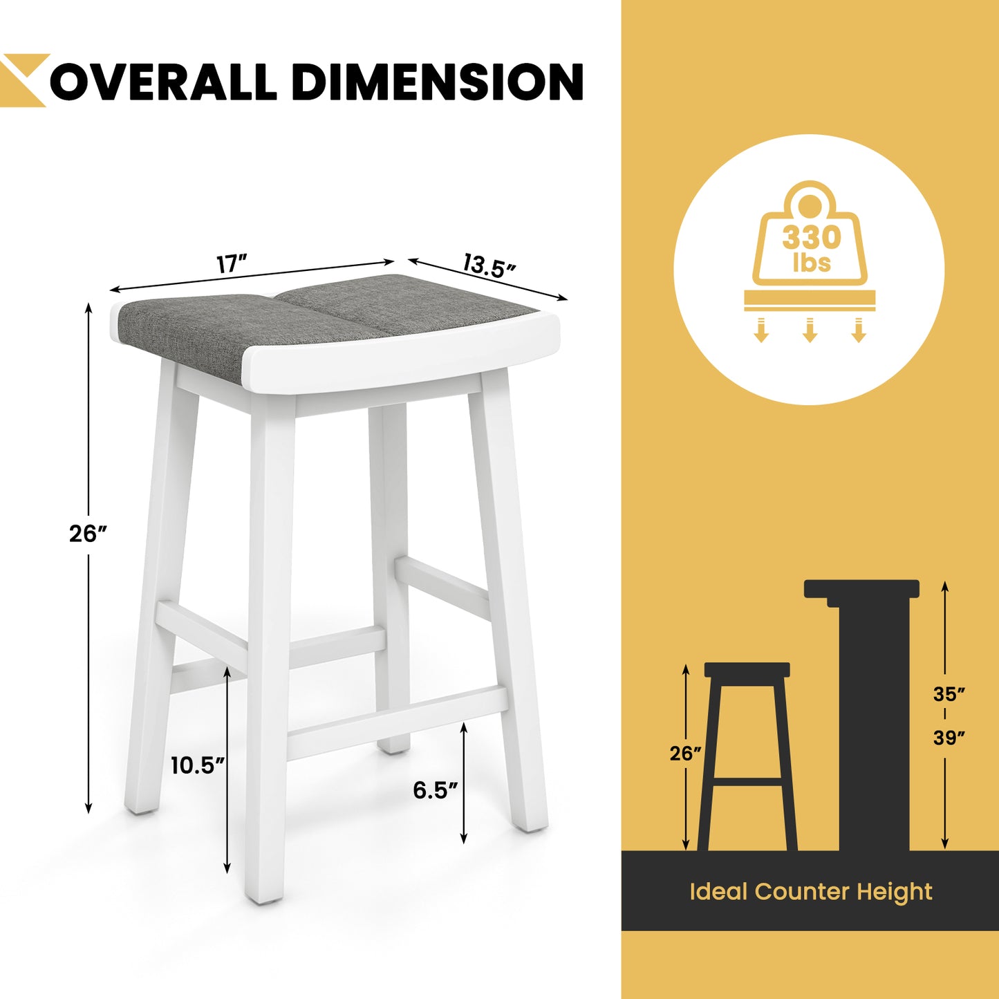Set of 2 26 Inch Counter Height Saddle Bar Stools with Soft Padded Seats and Backless Design