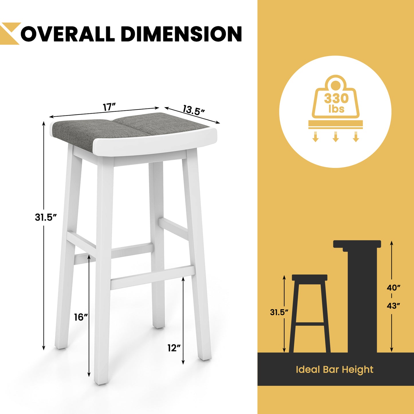 Set of 2 31.5 Inch Counter Height Saddle Bar Stools with Soft Padded Seats and Backless Design